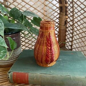 Vintage Wicker Bud Vase Boho Rattan Bamboo MCM Flower Small Short Bohemian